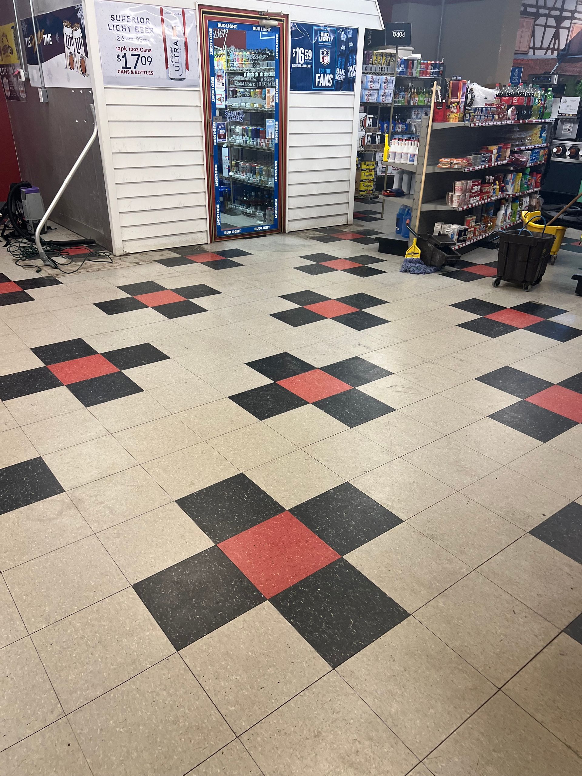 A black and red checkered floor in a store