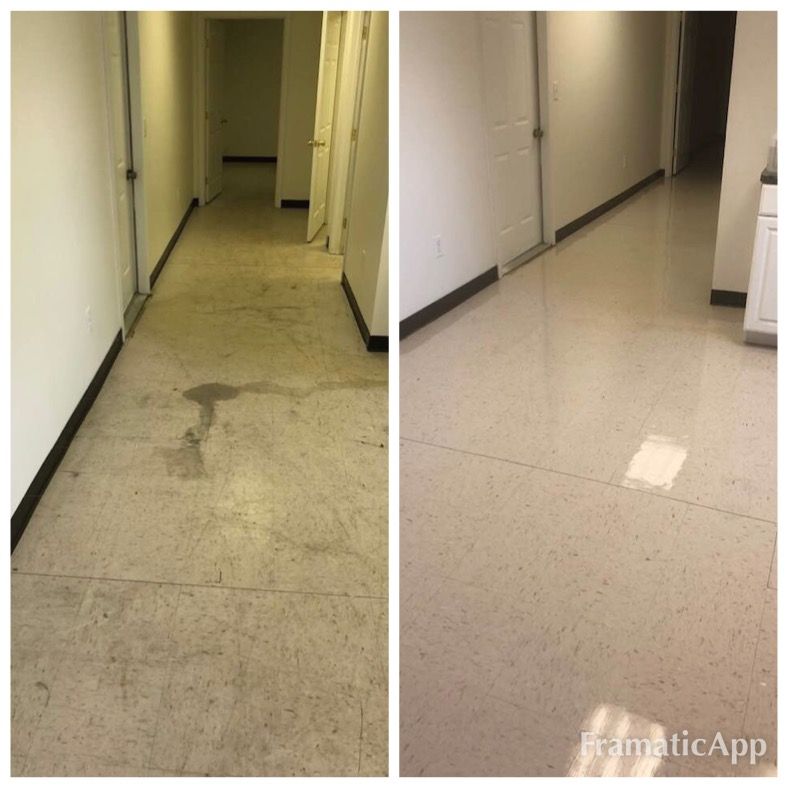 A before and after photo of a hallway with a tile floor.