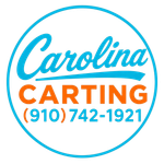 Carolina Carting logo with blue and orange text and phone number (910) 742-1921