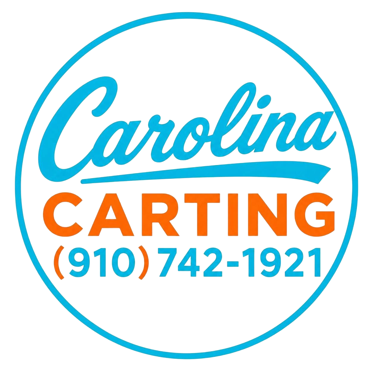 Carolina Carting logo with blue and orange text and phone number (910) 742-1921