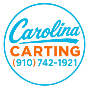 Carolina Carting logo with blue and orange text and phone number (910) 742-1921
