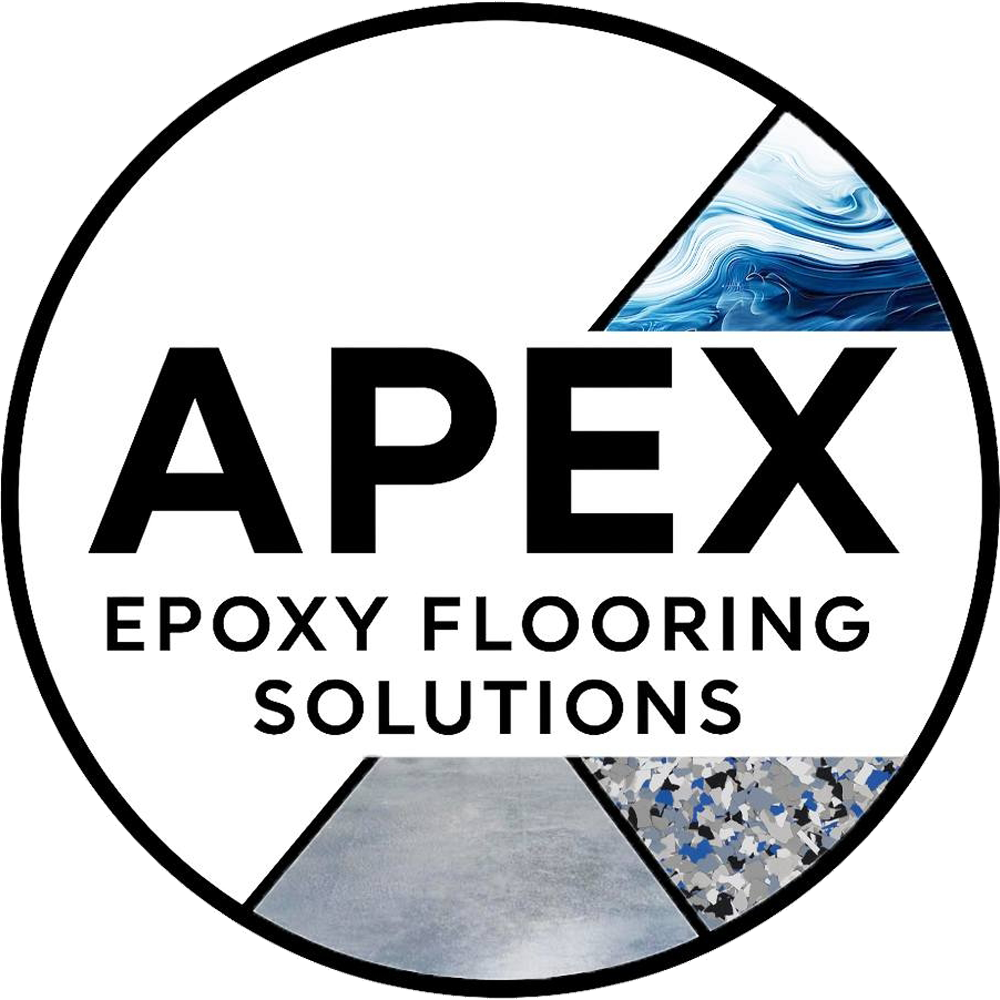 Circular logo for Apex Epoxy Flooring Solutions with abstract blue, gray, and speckled flooring texture sections.