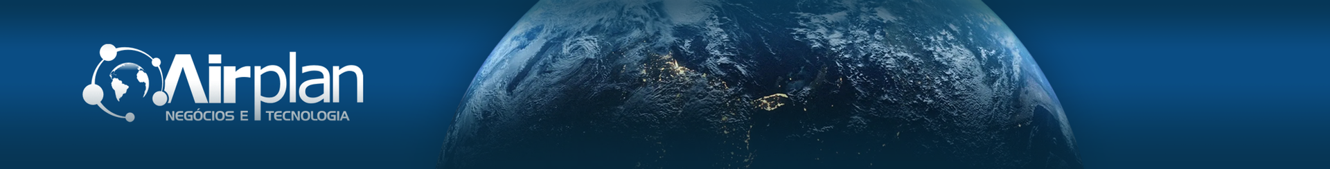 Logotipo da Airplan apresentando um ícone estilizado de um globo terrestre sobre um fundo azul escuro com uma imagem da Terra vista do espaço.
