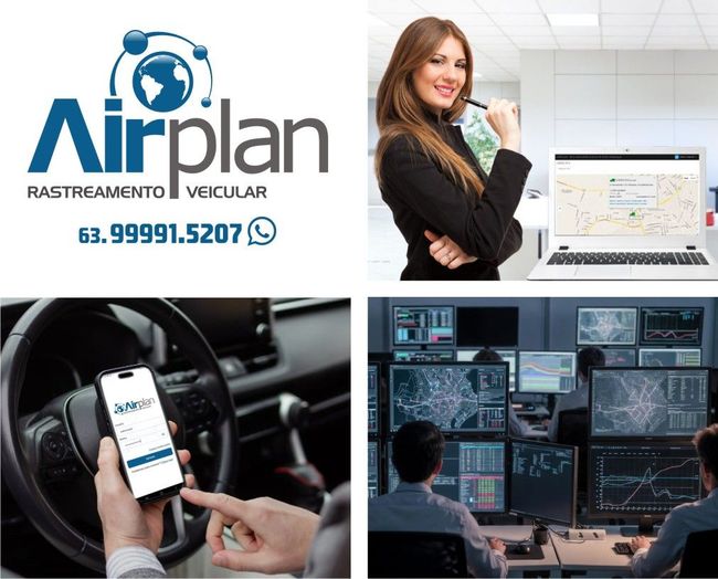 Airplan Rastreamento Montagem promocional para o sistema de rastreamento de veículos Airplan, mostrando um profissional de escritório, o uso do aplicativo móvel e uma sala de controle.