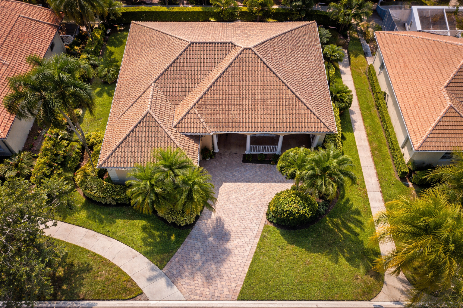 Aerial view of a tan-roofed house with a curved driveway and lush green landscaping