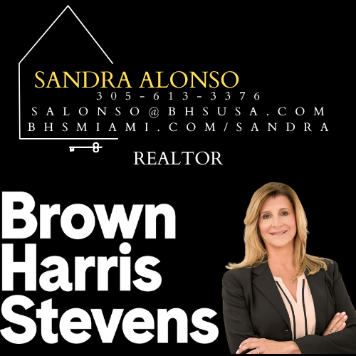 Brown Harris Stevens real estate card for Sandra Alonso, black background, gold text, agent portrait
