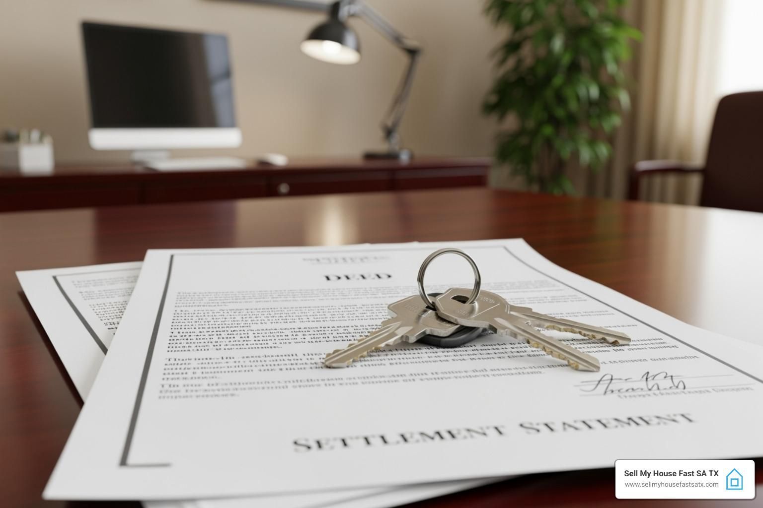 Keys on signed legal documents in an office conference room, with a blurred desk and monitor in the background