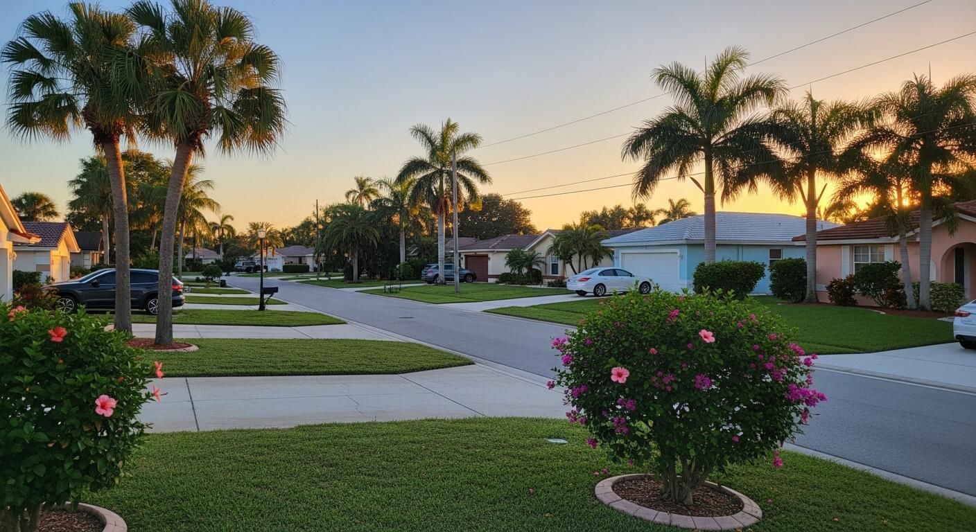 Quiet suburban street at sunset with palm trees, manicured lawns, and houses along a curving road