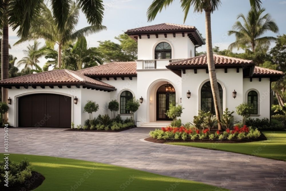 Spanish-style house with arched entry, red-tile roof, palm trees, and manicured lawn under a sunny sky