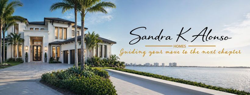 Luxury home with palm trees and driveway, overlaid with “Sandra K. Alonso” and “selling your home is the next chapter”
