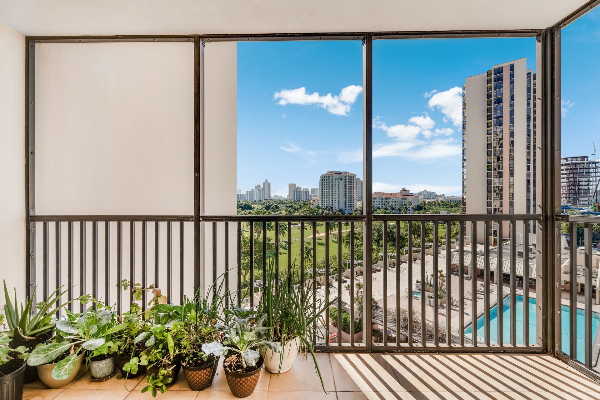 Balcony with potted plants overlooking a city skyline and swimming pool on a sunny day