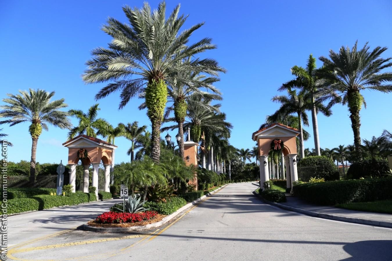 Palm-lined resort entrance with paved driveway, red flowerbeds, and Mediterranean-style gates under a clear blue sky