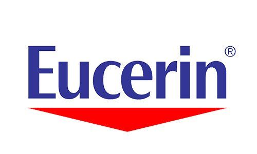 Das Eucerin-Logo ist blau und rot mit einem roten Pfeil.