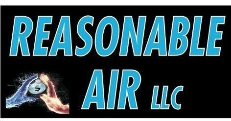 Logo for Reasonable Air LLC featuring blue text on a black background, with an illustration of hot and cold hands.