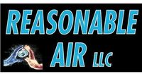 Logo for Reasonable Air LLC featuring blue text on a black background, with an illustration of hot and cold hands.