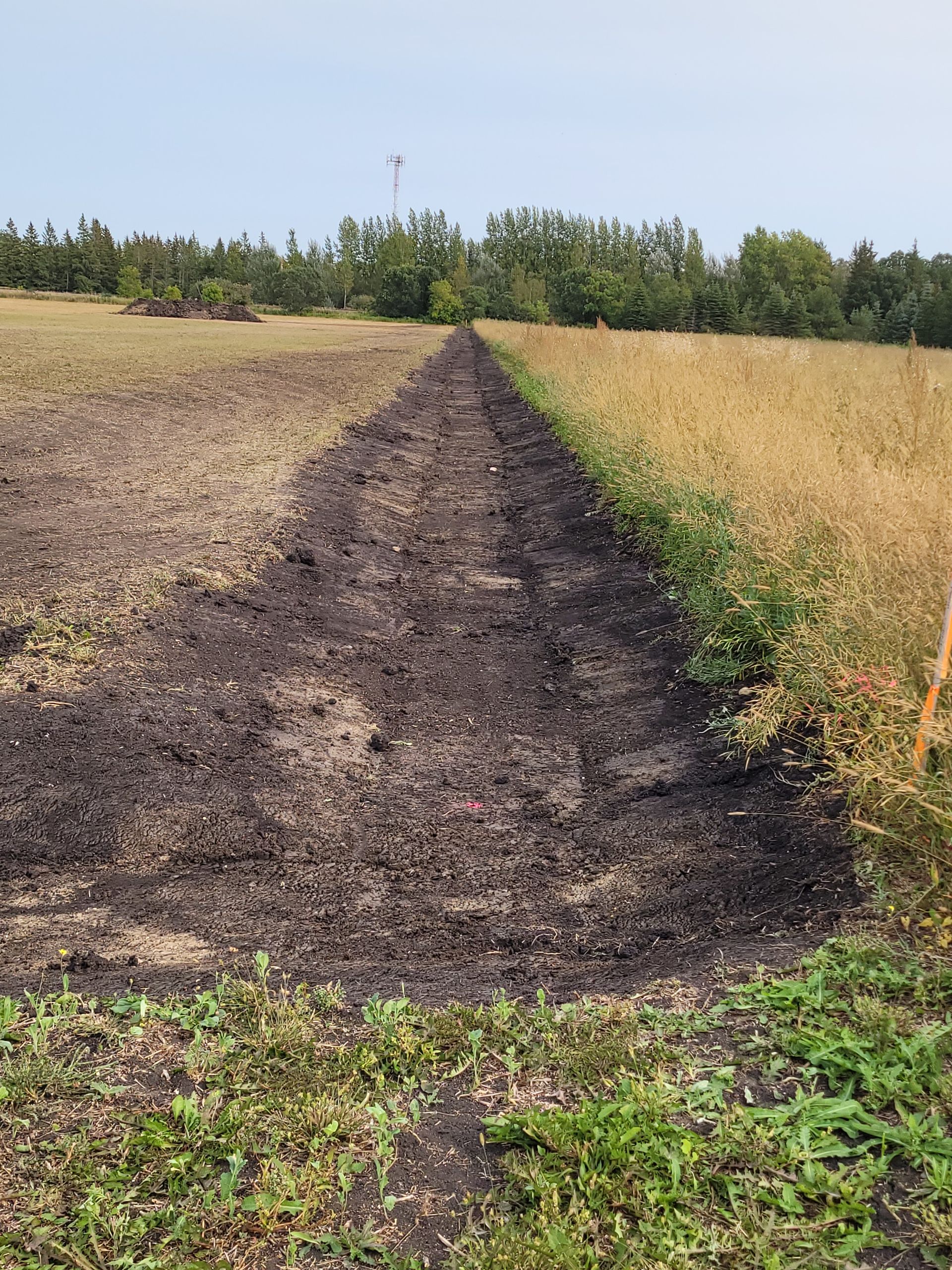 A large pile of dirt is in the middle of a field.