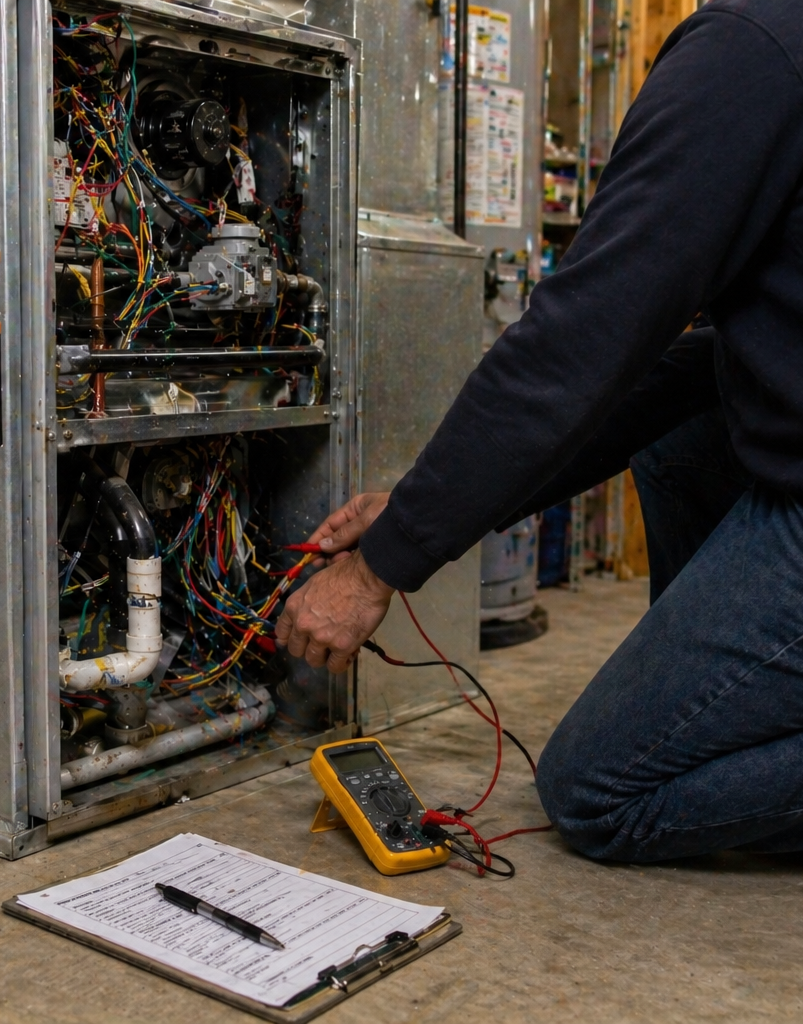 HVAC maintenance in Belfair WA technician checking system components