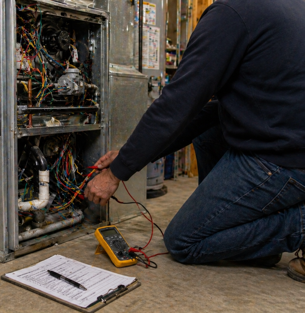 HVAC maintenance in Belfair WA technician checking system components