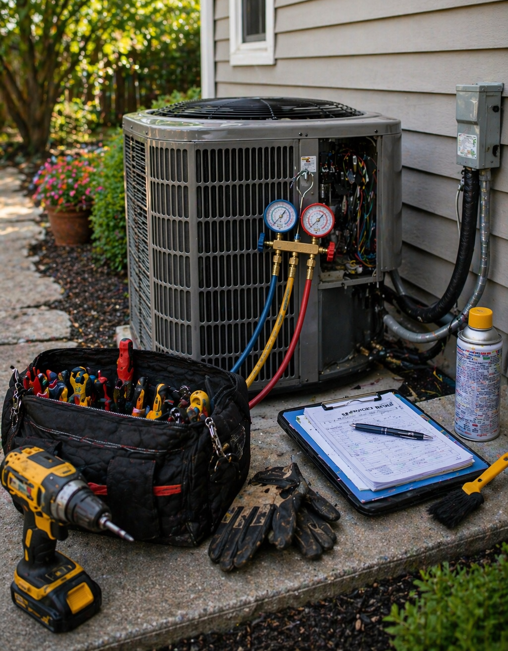 air conditioning maintenance with gauges and tools connected to outdoor unit