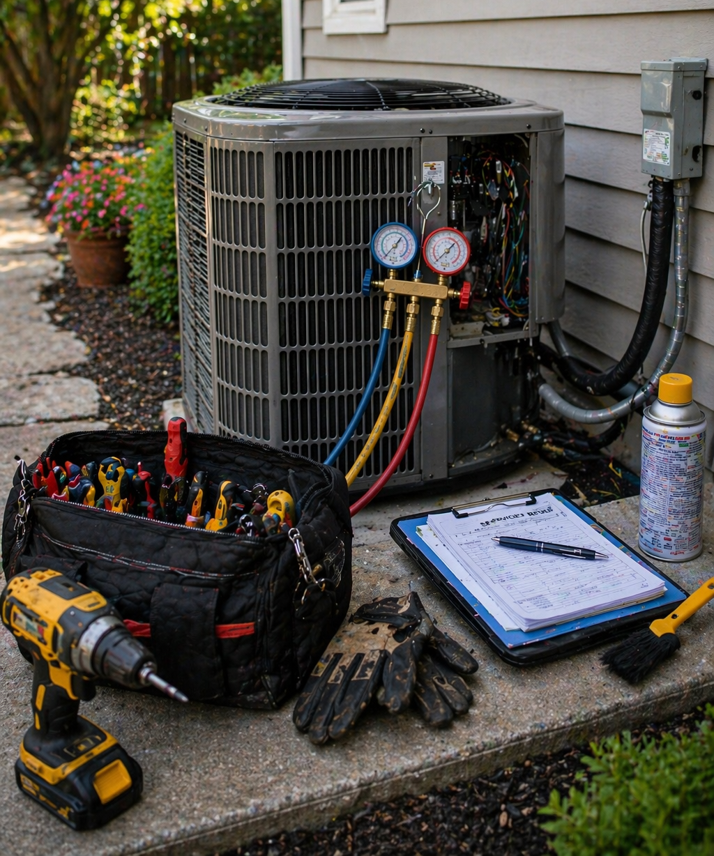 air conditioning maintenance with gauges and tools connected to outdoor unit