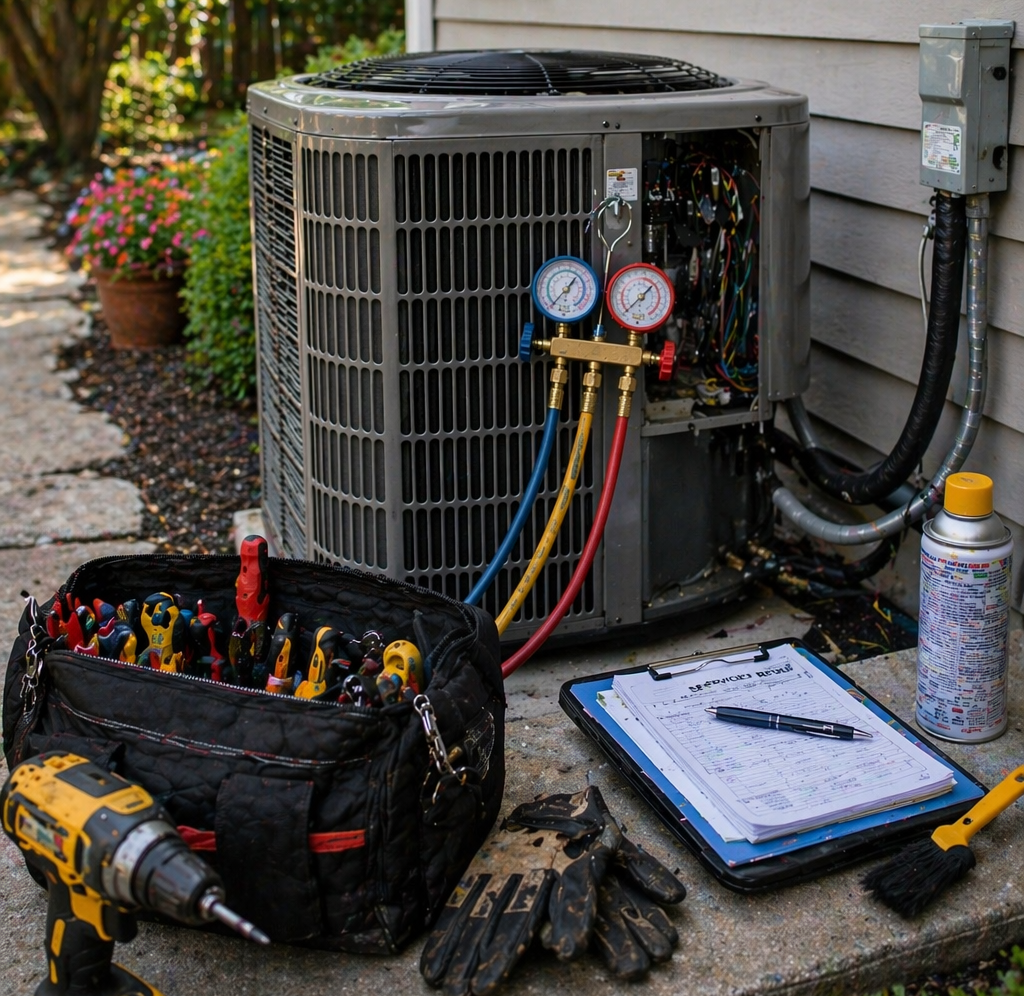air conditioning maintenance with gauges and tools connected to outdoor unit