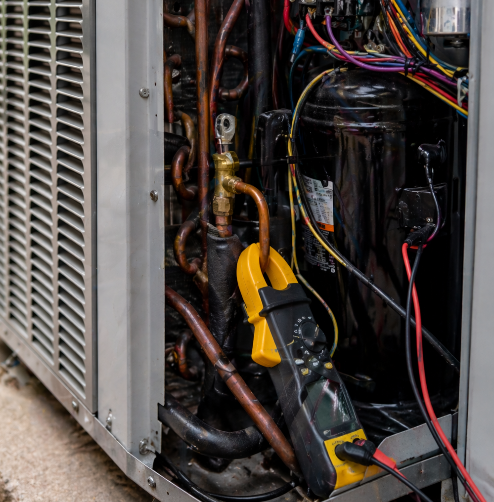 Interior components of an air conditioning unit during maintenance in Belfair, WA