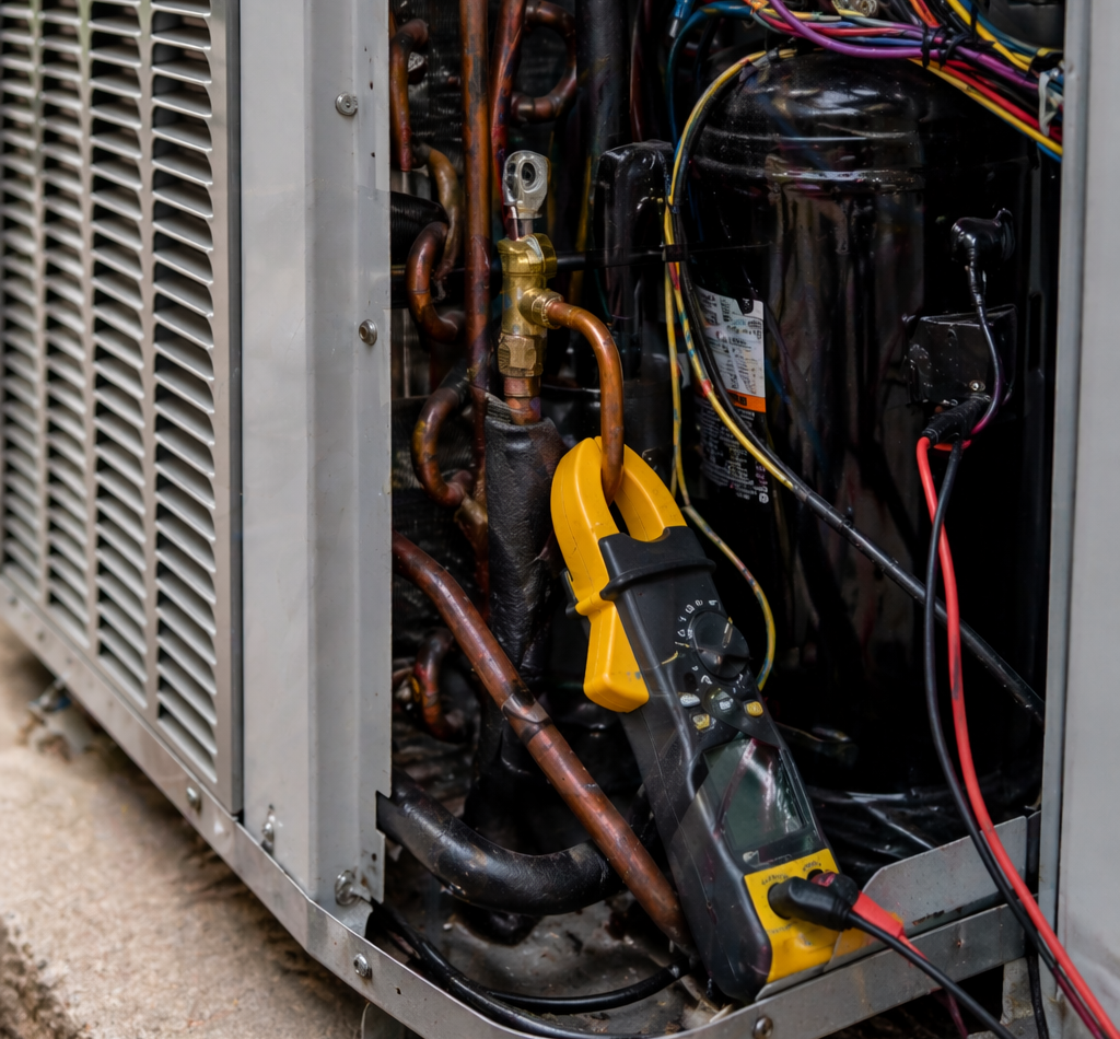 Interior components of an air conditioning unit during maintenance in Belfair, WA