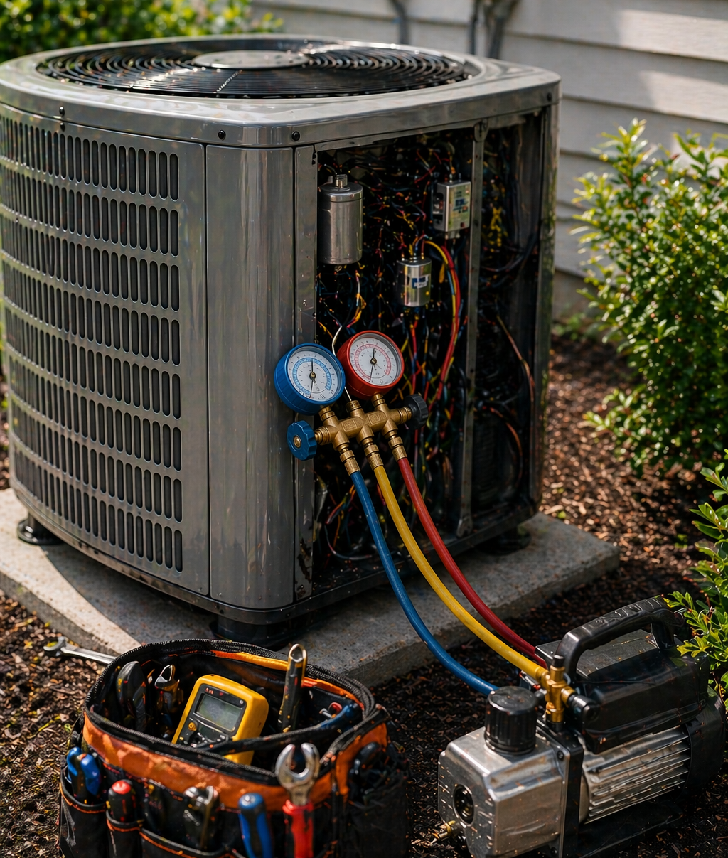 Air conditioning unit with HVAC tools and gauges set up for maintenance outside a home in Bremerton, WA