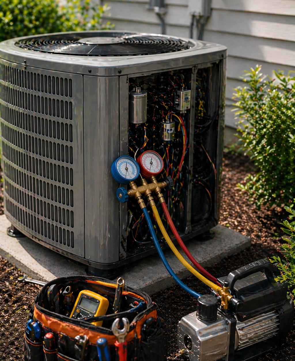 Air conditioning unit with HVAC tools and gauges set up for maintenance outside a home in Bremerton, WA