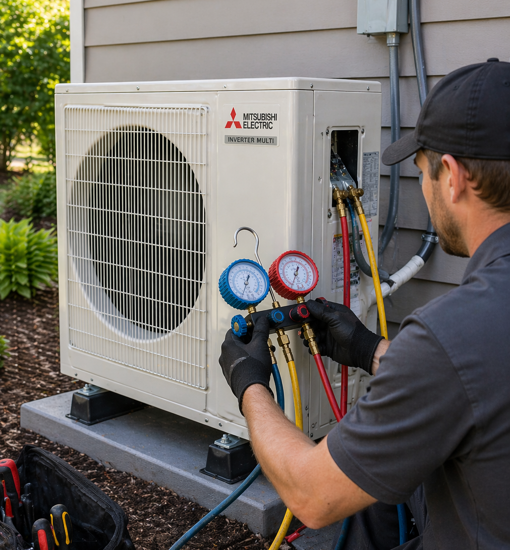 Technician performing maintenance on outdoor heat pump unit using gauges