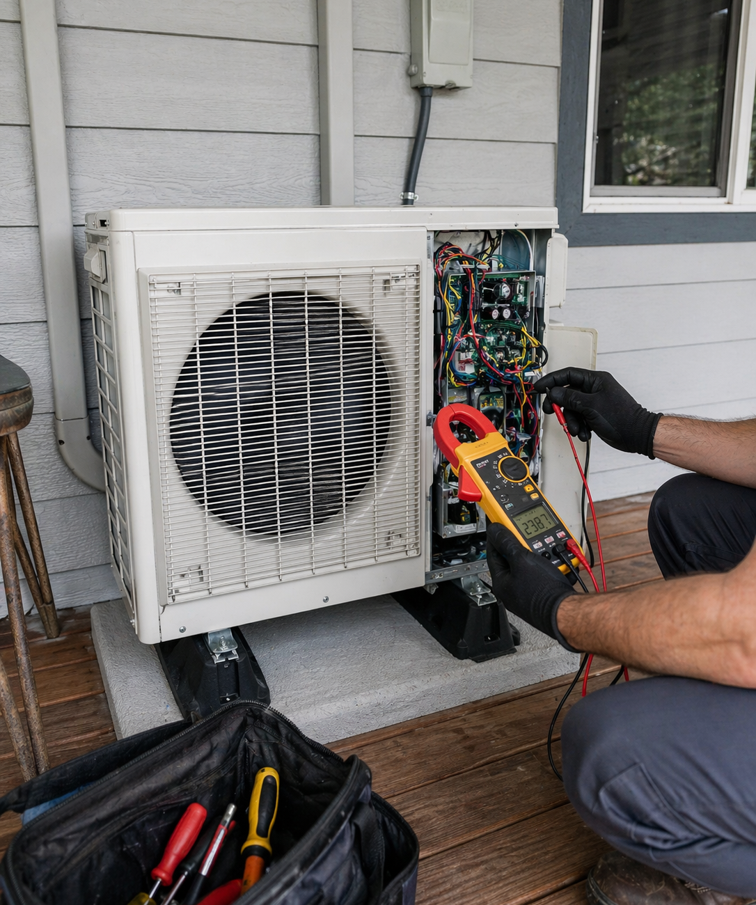 Technician repairing outdoor ductless air conditioning unit in Belfair, WA