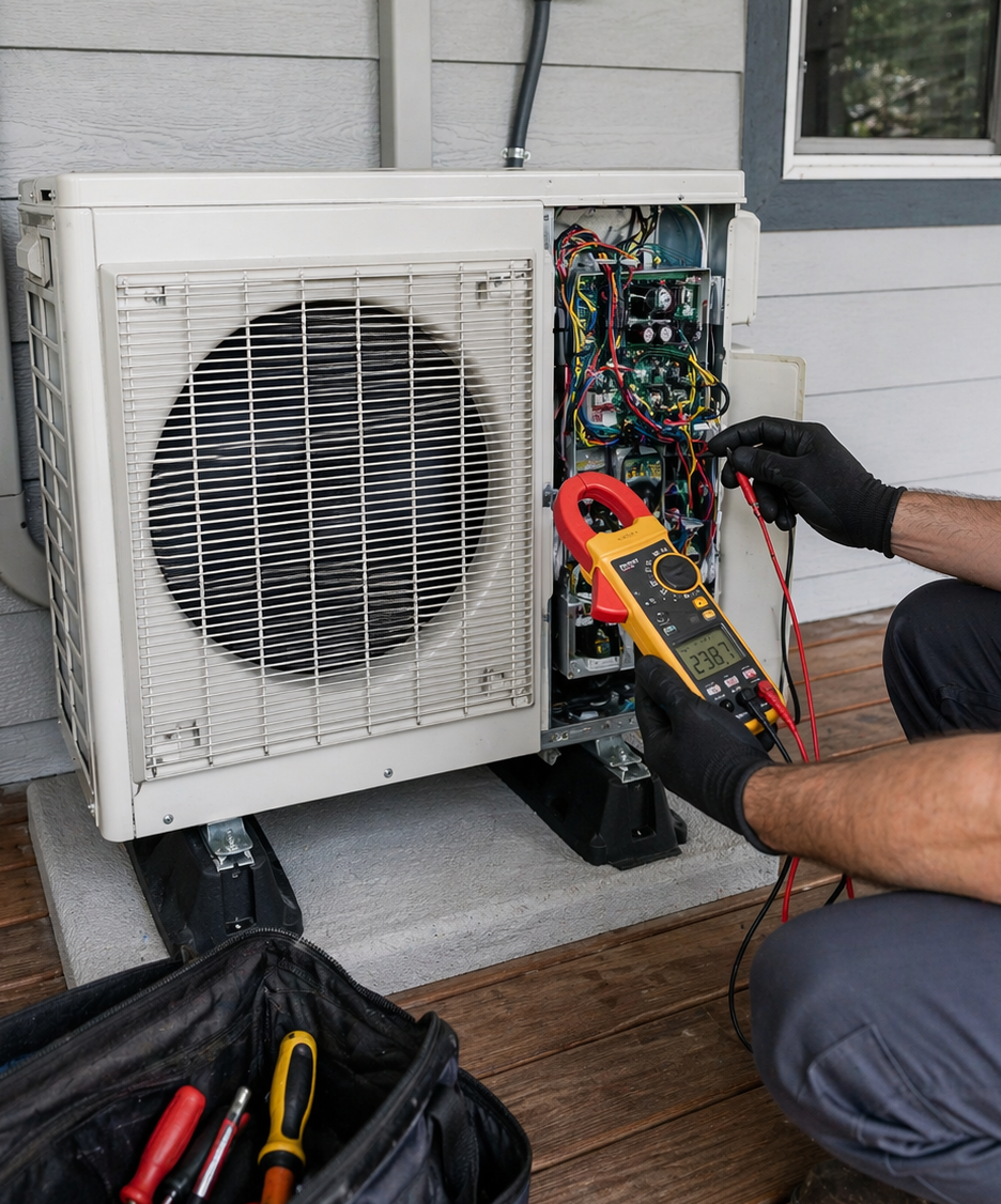 Technician repairing outdoor ductless air conditioning unit in Belfair, WA