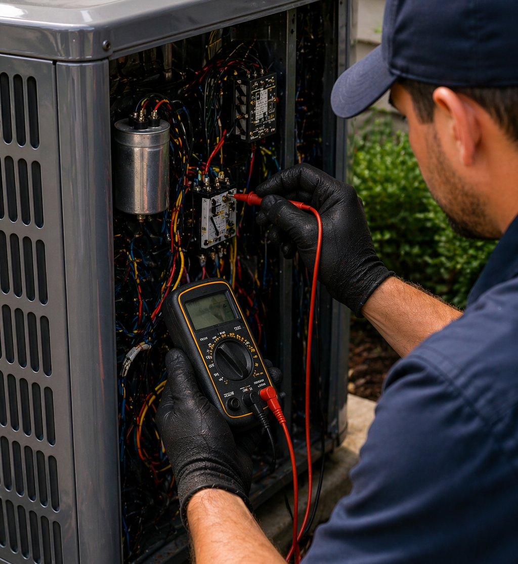 HVAC technician repairing outdoor air conditioning unit at a home in Bremerton, WA