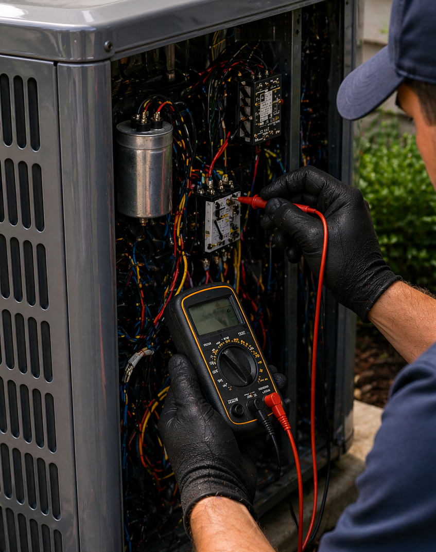 HVAC technician repairing outdoor air conditioning unit at a home in Bremerton, WA