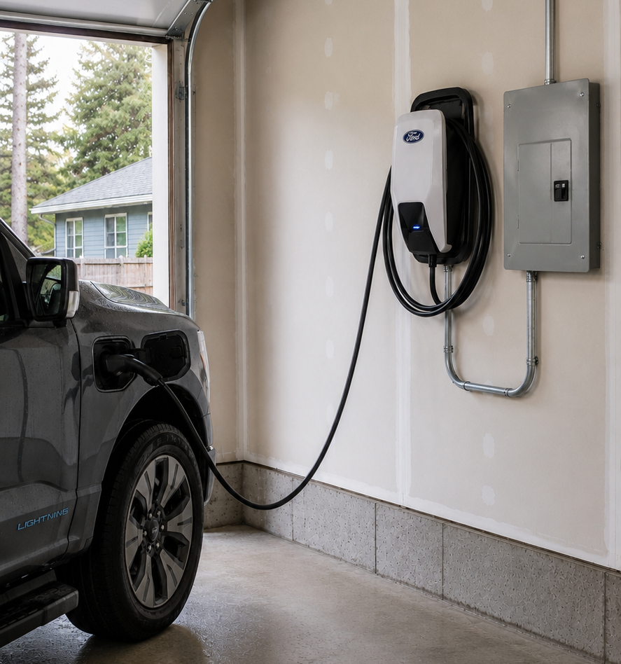 Ford Lightning charging in a garage with a wall-mounted home EV charger