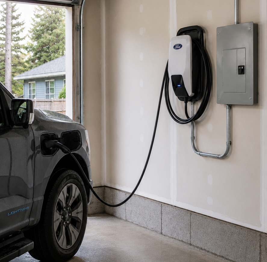 Ford Lightning charging in a garage with a wall-mounted home EV charger