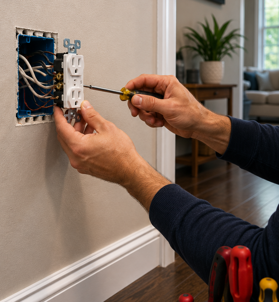 Electrician installing a new electrical outlet and wiring inside a finished home