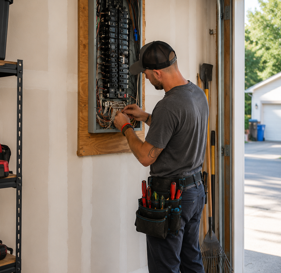 Electrician upgrading a residential electrical panel inside a garage