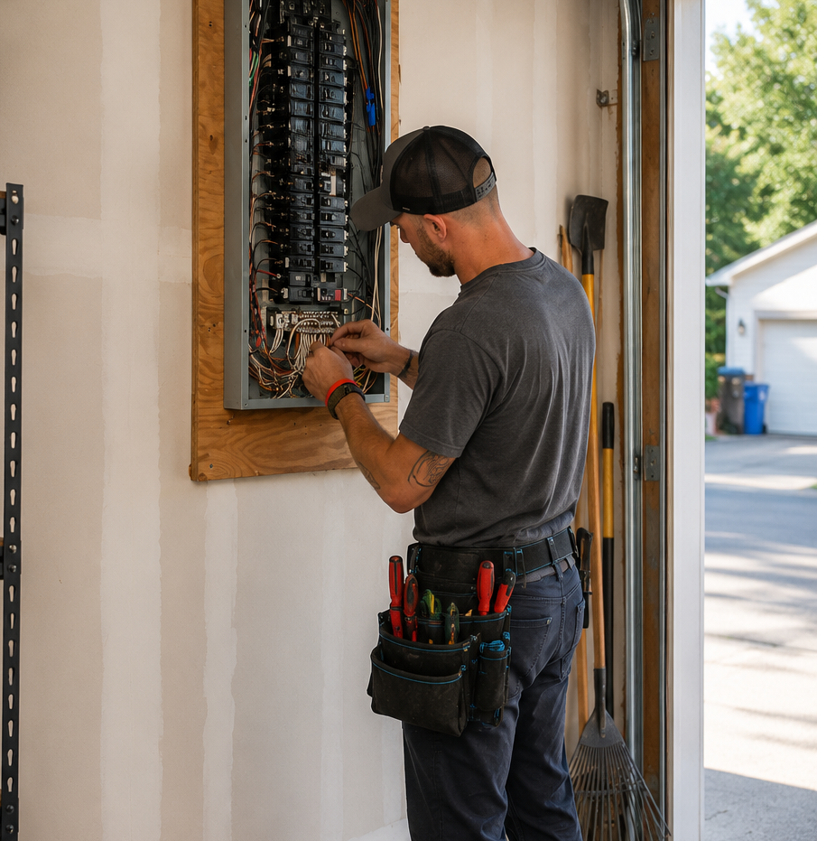 Electrician upgrading a residential electrical panel inside a garage
