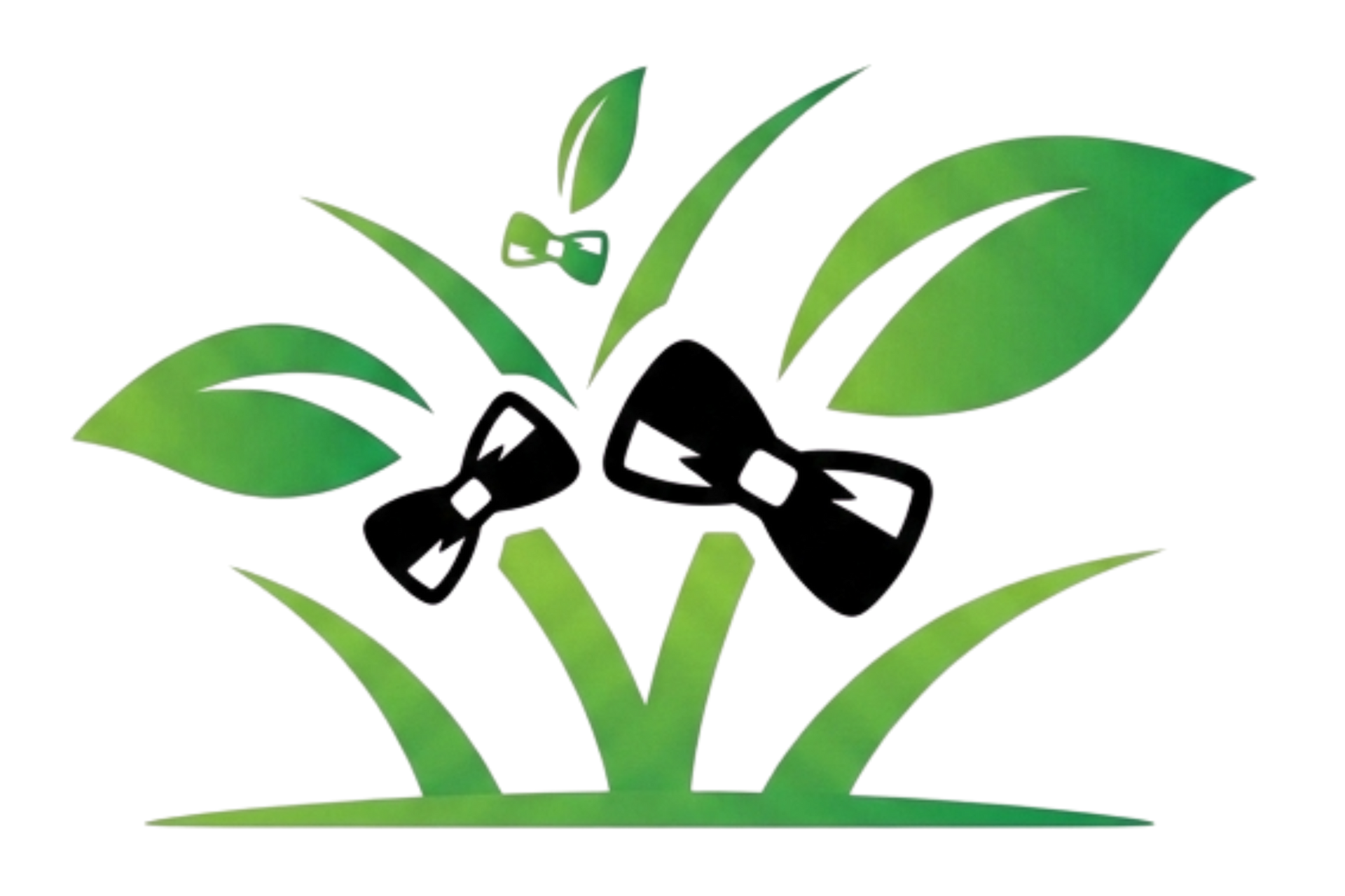 Stylized green grass with black bow tie logo on white background