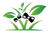 Stylized green grass with black bow tie logo on white background