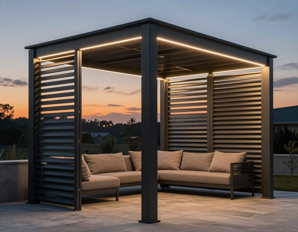 Louvered motorized pergola at dusk