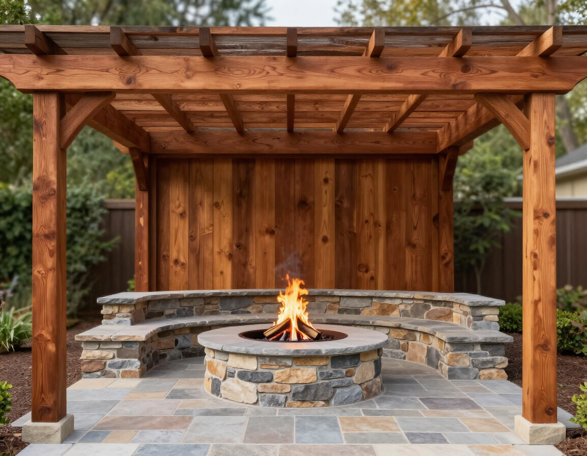 Cedar pergola over a fire pit patio