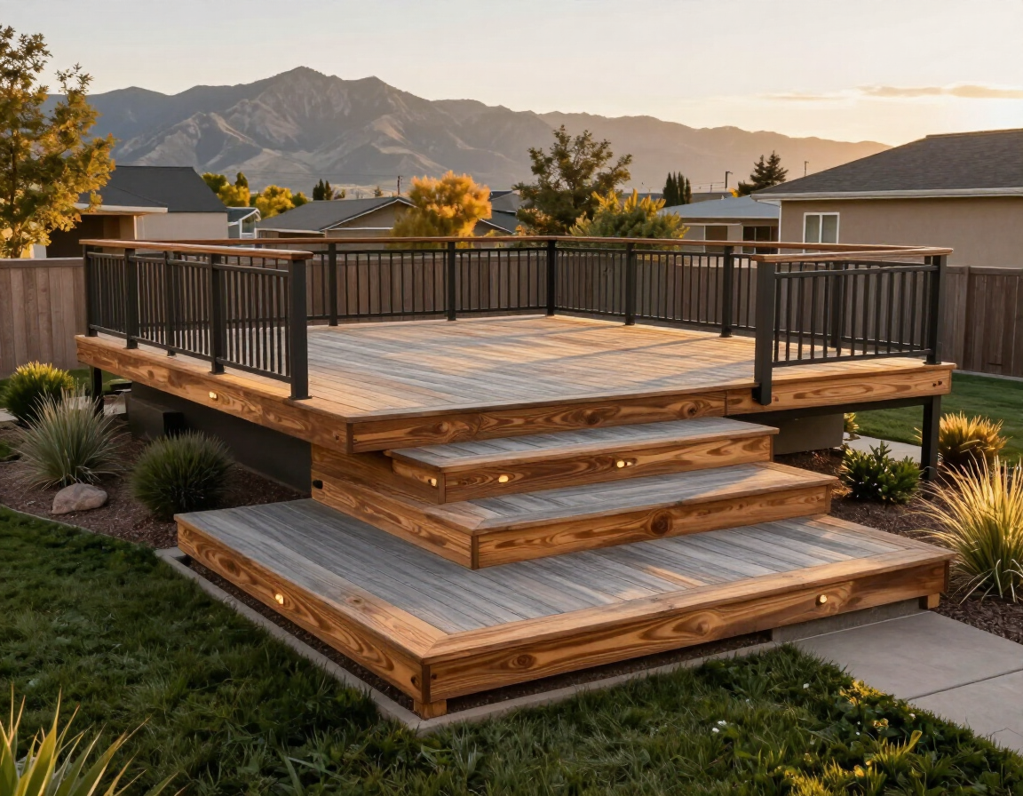 Multi-level composite deck in a Denver backyard at golden hour