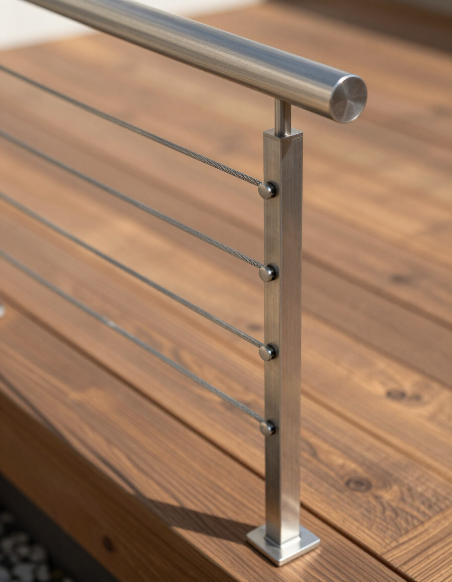 Close-up of a cable railing detail on a finished deck