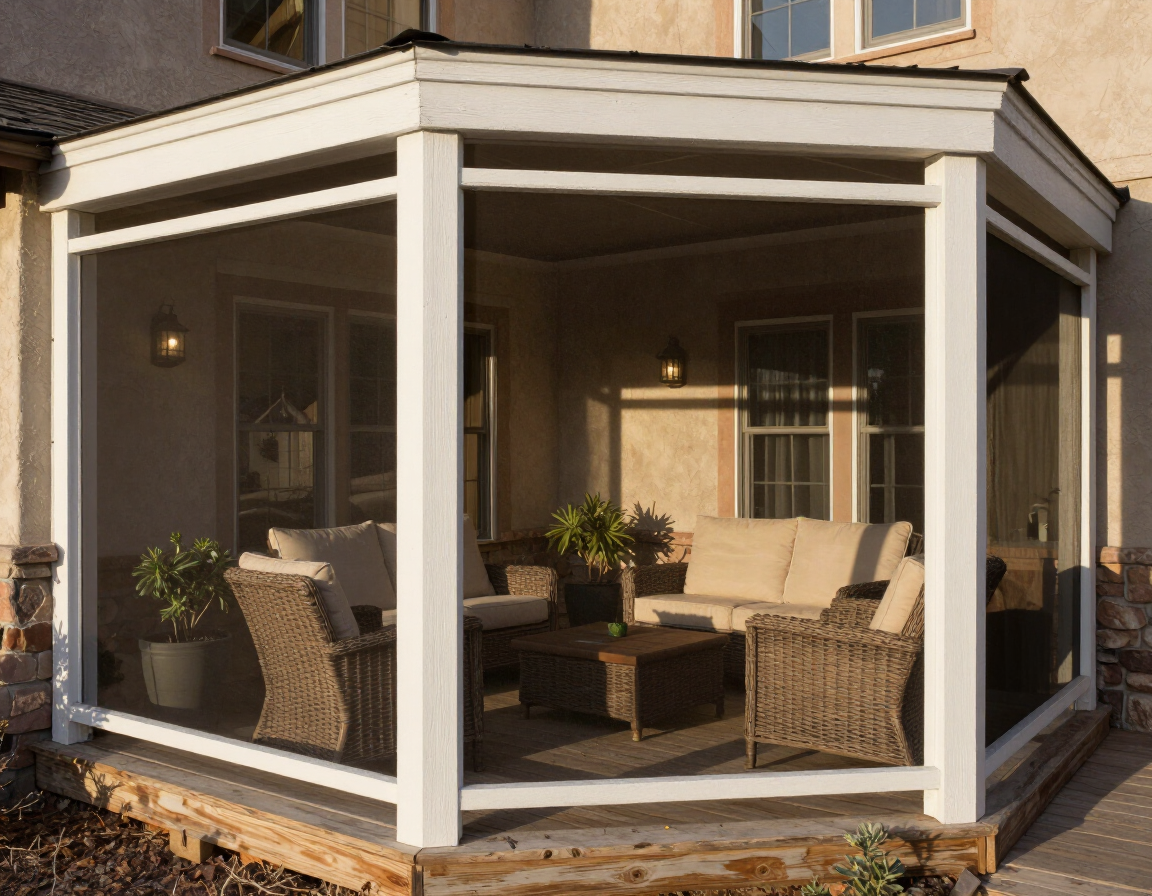 Screened-in porch on a Denver home at evening