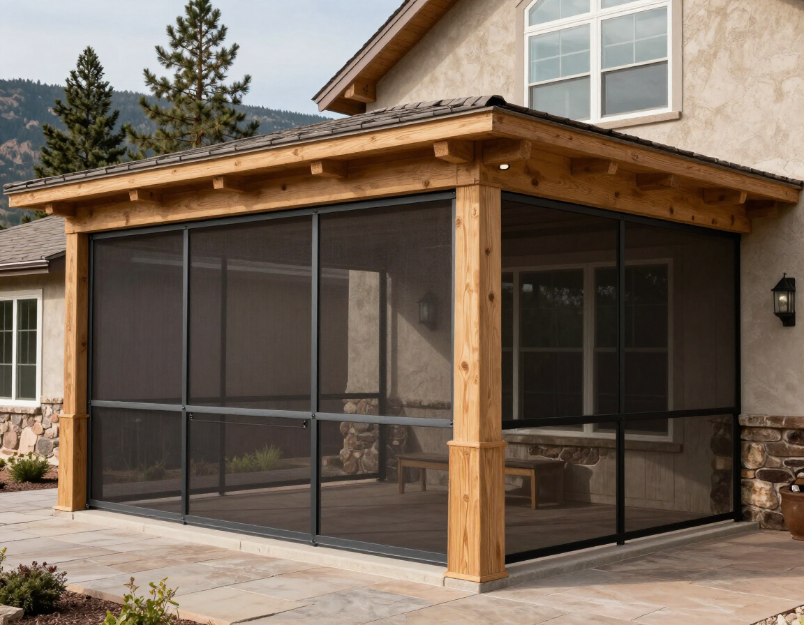 Covered patio enclosure with screen panels