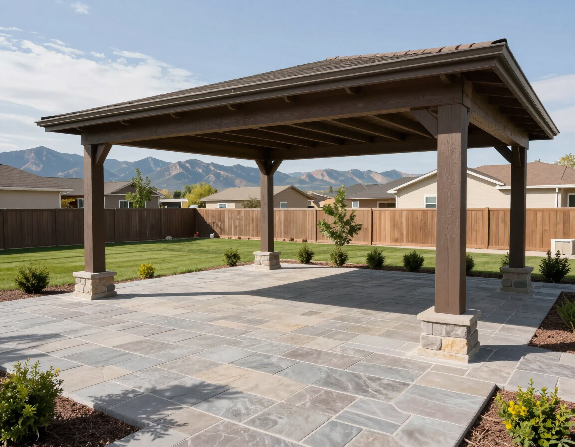 Custom patio cover over a stone patio in a Denver backyard