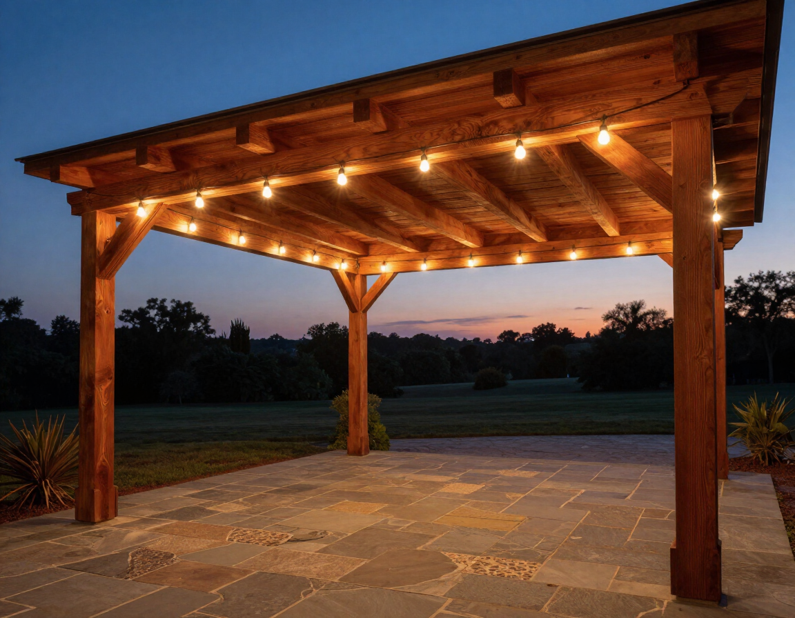 Cedar wood patio cover with string lights