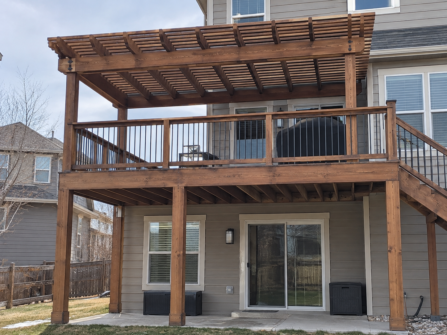 Two-Story Cedar Pergola Deck built by Colorado Outdoor Builders